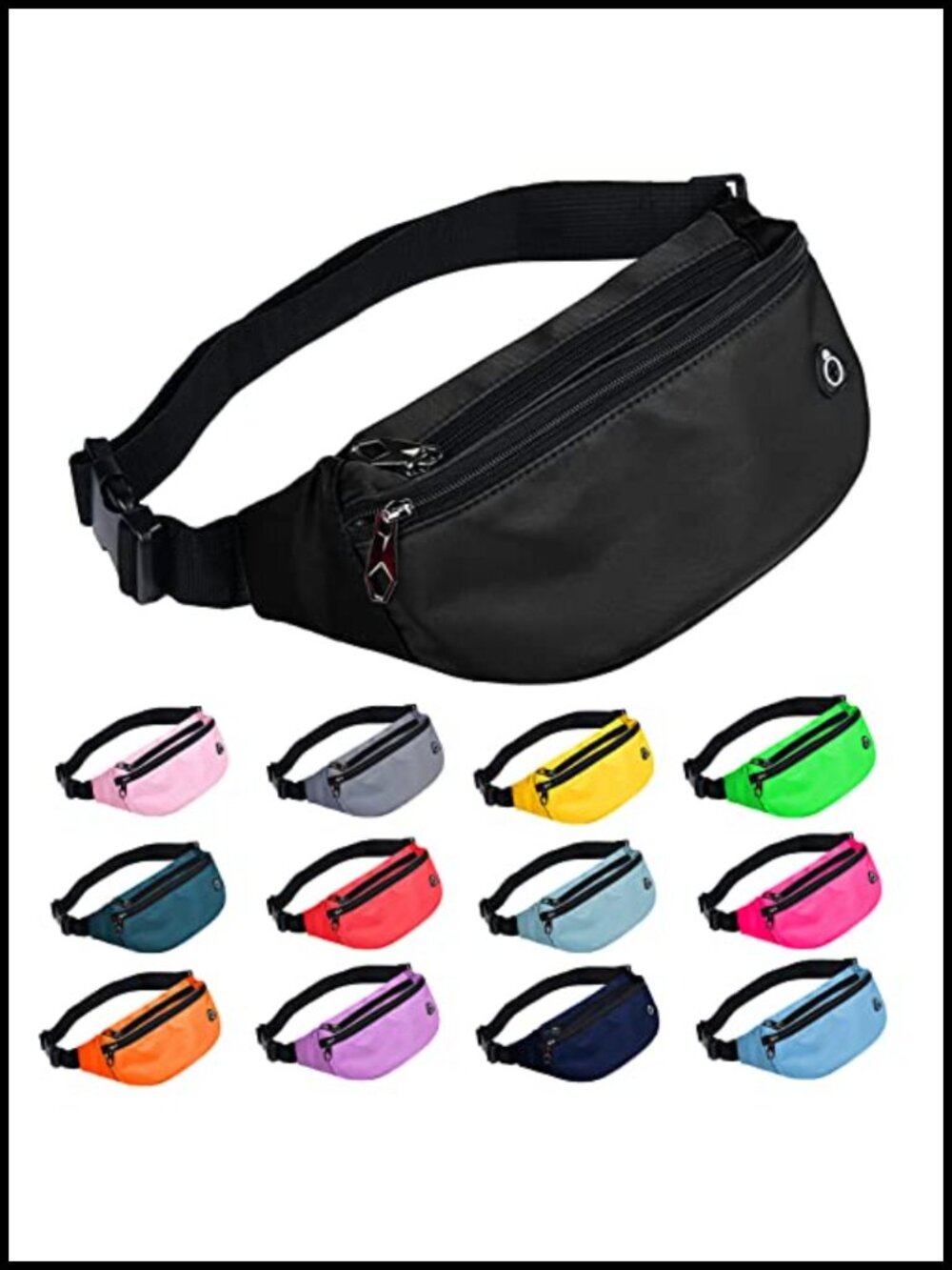 Water-Repellent Nylon Fanny Pack Waist Bag 3 Zippered Pockets